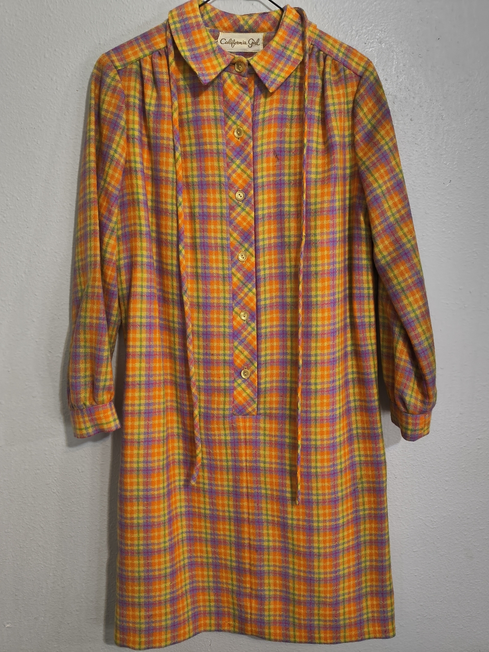 Vintage California Girl Plaid Shirt Dress M/L Orange Purple 60s 70s - Picture 5 of 10